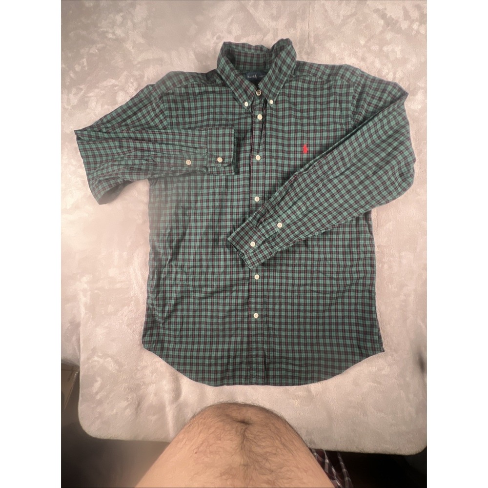 Vtg Polo Ralph Lauren 'Custom Fit' Green Plaid Button-Down Shirt - Size Large